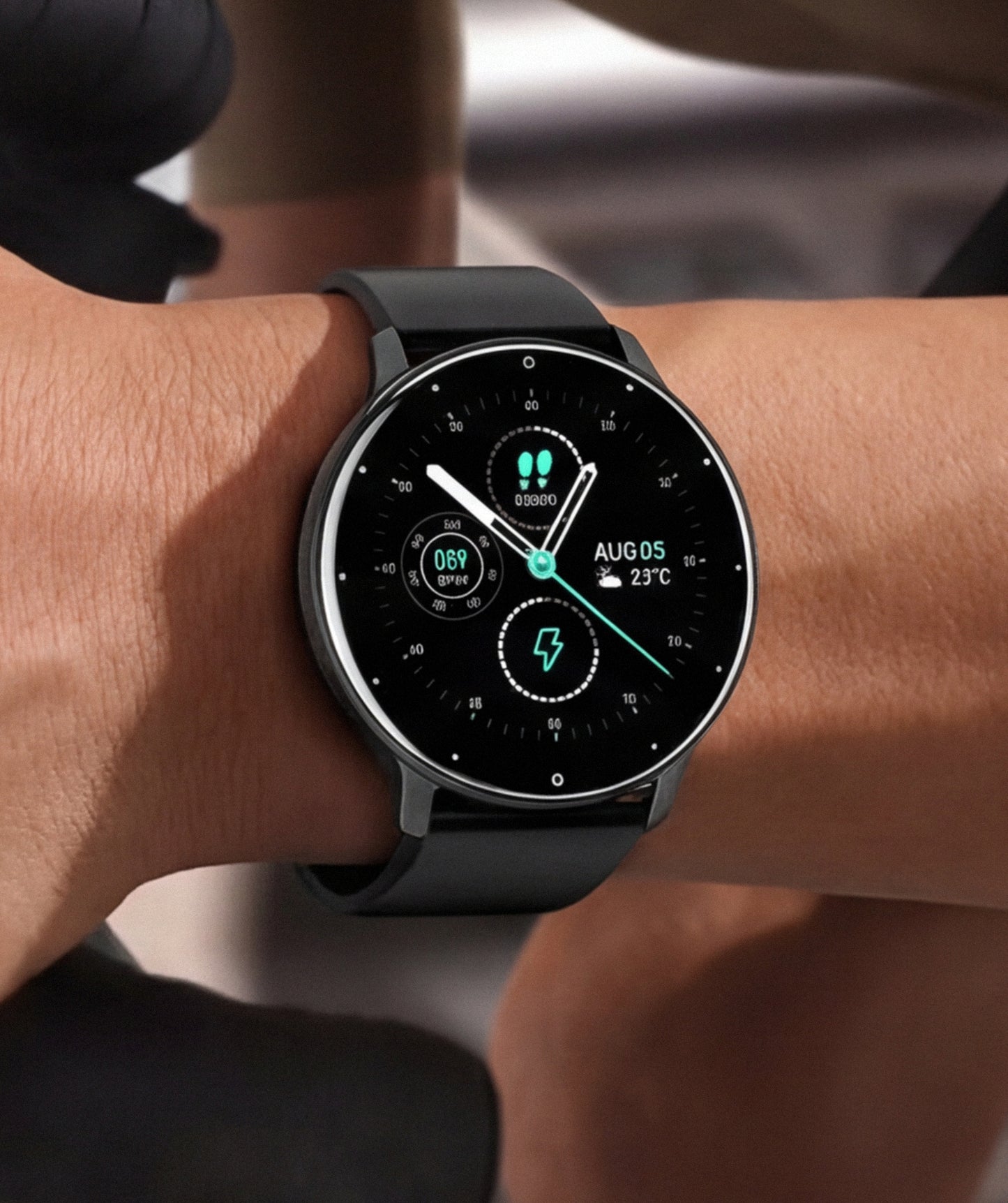 Smartwatch on a wrist with a black strap displaying a digital interface.