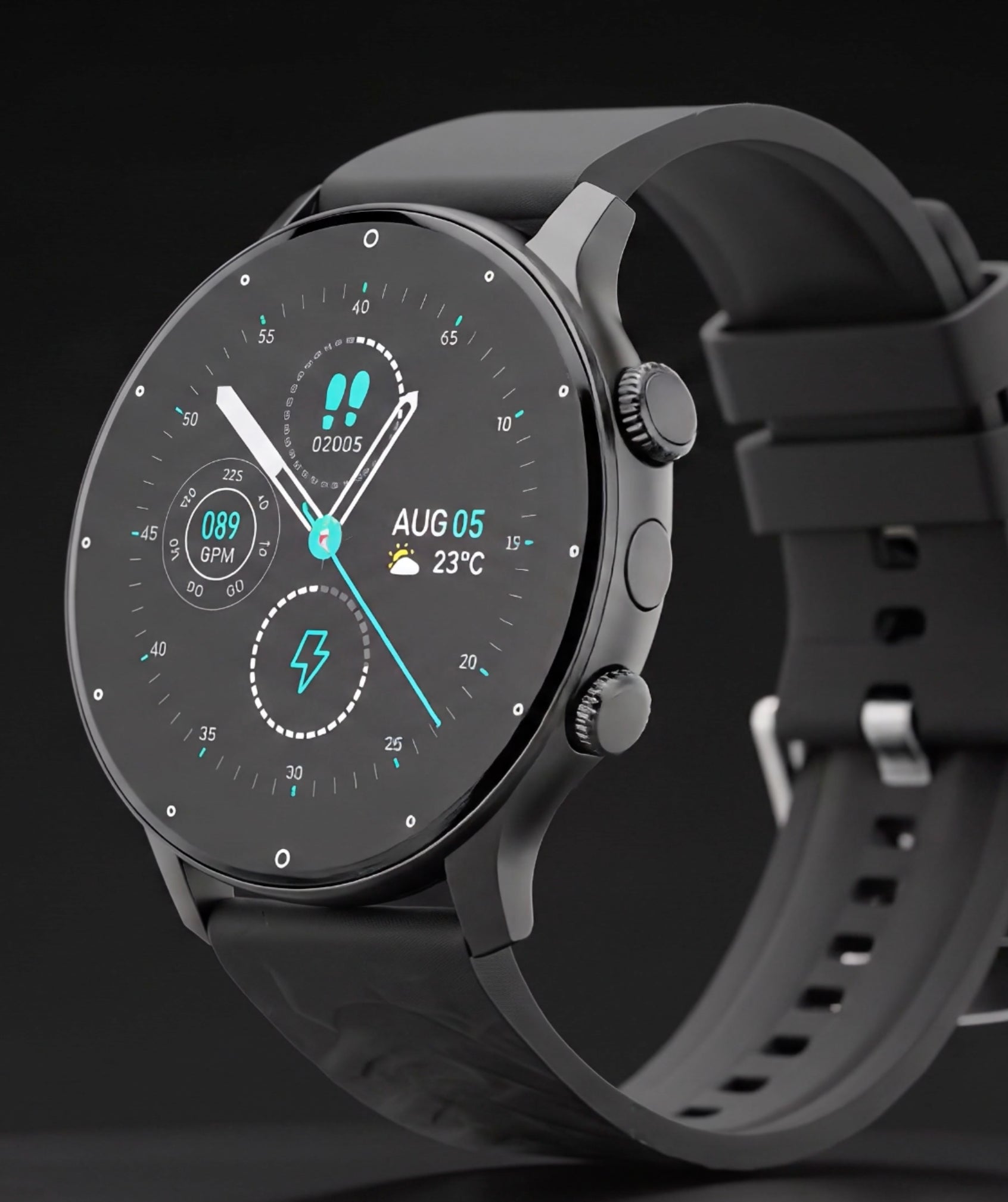 Smartwatch with a black strap on a dark background